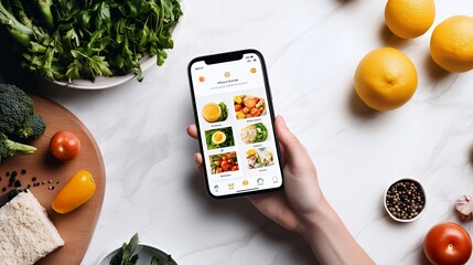 Person holding a phone displaying a food app, surrounded by fresh vegetables, fruits and spices on a white marble table.