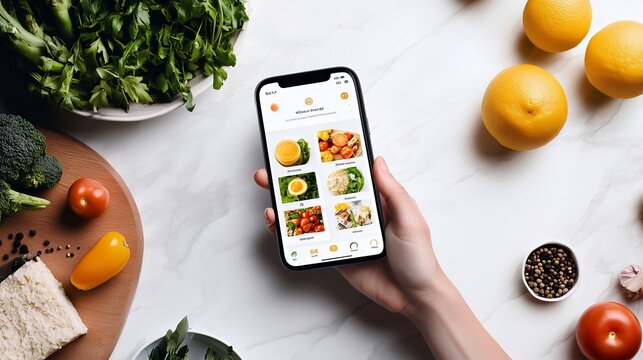 Person holding a phone displaying a food app, surrounded by fresh vegetables, fruits and spices on a white marble table.