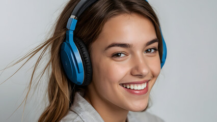 Naklejka premium Teenage girl listening to music in blue headphones smiling broadly on light background
