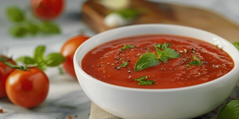 Tomato sauce prepared from scratch in a pristine white bowl