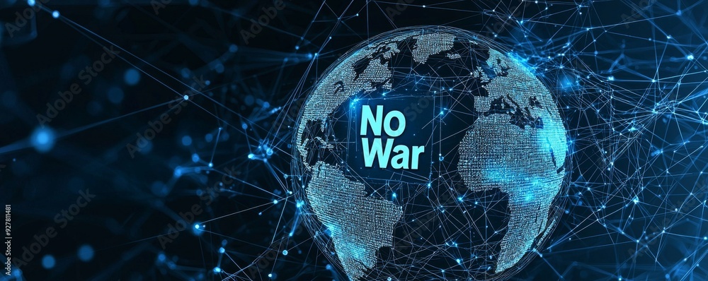 Poster digital wireframe globe with 'no war' message representing global peace and connectivity