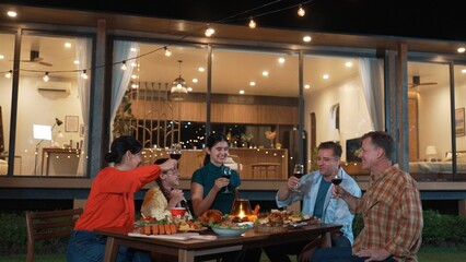Family gather celebrate holiday. Parents, grandparents and girl together to talk and have dinner...