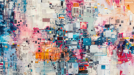 Colorful abstract design showcases complex geometric patterns in a contemporary urban aesthetic