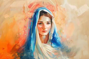 Elegant Full Body Portrait of Holy Mother with Blue and White Attire.