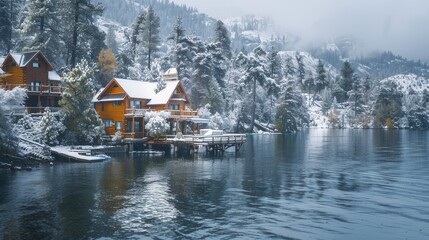 Fototapeta premium Vacation house with winter scenic view by lake