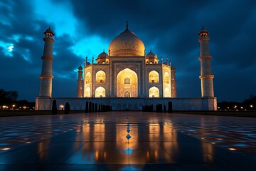 Majestic Taj Mahal during the evening with stunning reflections, showcasing its timeless beauty and architectural grandeur.