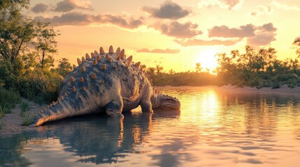 Fototapeta premium Ankylosaurus enjoys a drink from the calm river as the sun sets behind lush vegetation, casting a warm glow over the prehistoric environment
