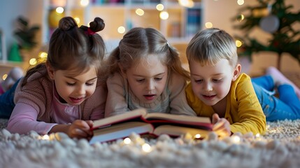 Three children lay on a soft white rug, reading a book together, surrounded by warm fairy lights.
