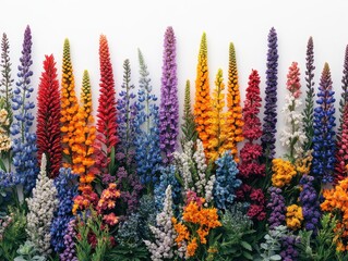 Vibrant Garden Display of Multicolored Lupines in Full Bloom Against a White Background, Showcasing Nature's Spectacular Palette