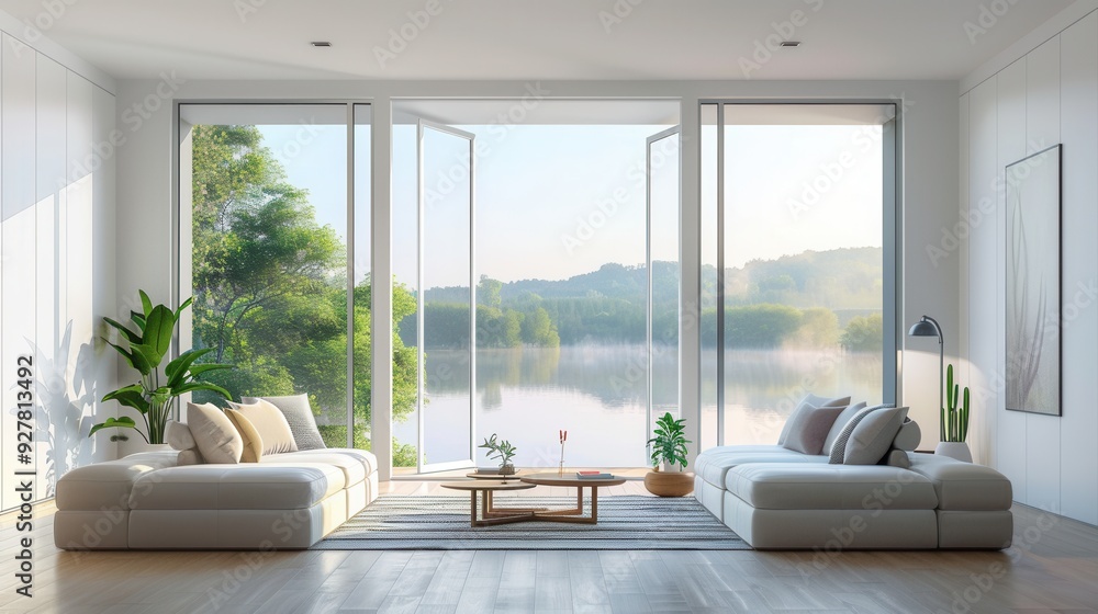 Wall mural Interior view of vacation house with scenic lake view at sunset