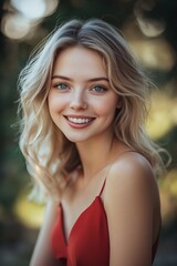 Portrait of a young blonde woman with wavy hair, smiling warmly while wearing a red dress. The soft, natural outdoor setting enhances her vibrant beauty and joyful expression