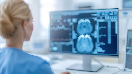 female neurologist surgeon checking brain scan results on a monitor, medical expertise, copy space