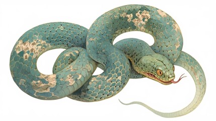 Fototapeta premium A green snake with a light blue scale pattern, curled up in a relaxed pose.