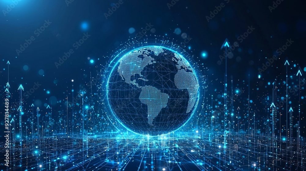 Poster digital wireframe globe with data connections and upward arrows indicating growth and technology