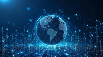 Digital wireframe globe with data connections and upward arrows indicating growth and technology