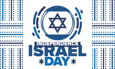 Israel Independence Day. National holiday, celebrated annual. Israel flag. Star of David, jewish symbol. Patriotic sign and elements. Poster, card, banner and background. Vector illustration