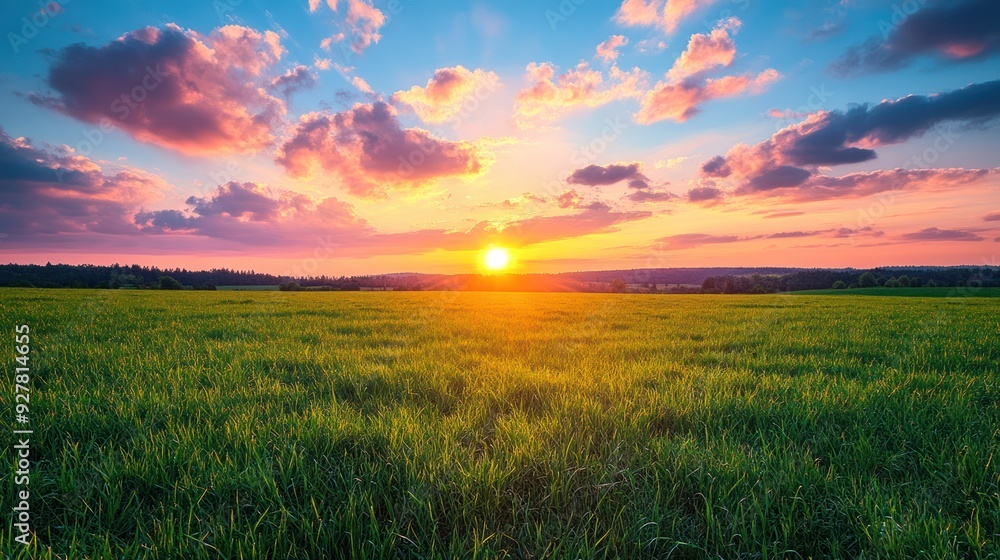 Sticker Sunset over Lush Green Field