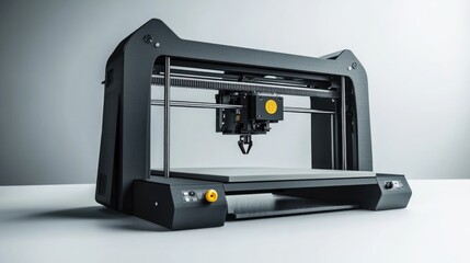 Fototapeta premium Black 3D Printer with Yellow Button on White Background