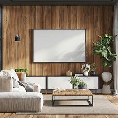 
"An empty poster frame is showcased on a wooden decorative wall in the living room, complemented by a stylish TV cabin and wooden parquet flooring. The 3D render highlights the elegant and modern int