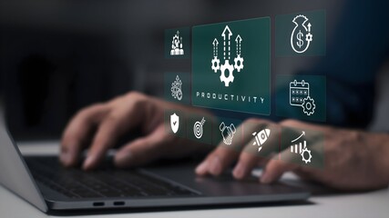 A business person using laptop with visual screen increase productivity concept.