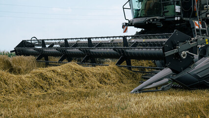 Fototapeta premium Combine harvester cutting through wheat, detailed shot of the cutting bar. Agricultural machinery in operation, showcasing efficient and precise harvesting technology. Farming innovation.