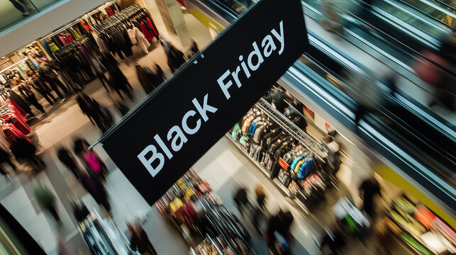 A dynamic Black Friday banner overlooks a bustling shopping mall as shoppers eagerly explore discounts and deals. Highlighting the excitement and energy of this major retail event.