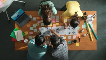 Top down aerial view of skilled designer hold logo while discuss with team. Aerial business group working together sharing idea about logo graphic design by using sticky notes and tablet. Symposium.