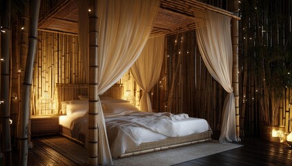 Bamboo canopy bed with white sheets and string lights.