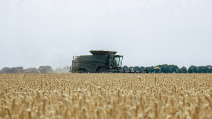 Combine harvester in a wheat field, mid-distance view, capturing the harvesting process. Efficient...