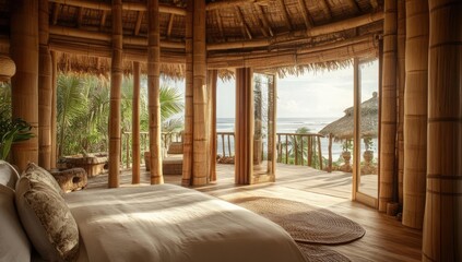 Bamboo hut with bed and ocean view.