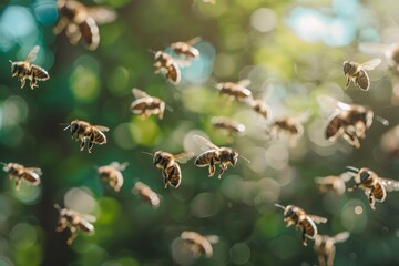Flock of Bees In Flight Against a Softly Blurred Green Backdrop