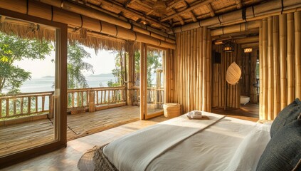A bamboo hut with a bed overlooking the ocean.