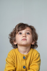 Portrait of a young boy wearing a yellow sweater and looking upwards. Studio. Pre-school or kindergarten student. Copy space.