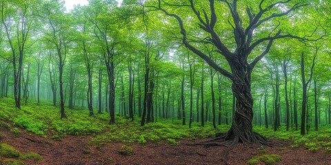 Obraz premium Serene lush green forest with dense trees and vibrant foliage showcasing natural beauty and tranquility in a panoramic view