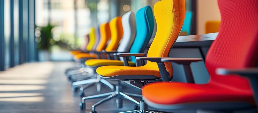 A row of modern office chairs in various colors, with a yellow chair in focus, the rest are blurred out in the background.