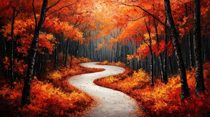 Naklejka premium Beautiful Winding Pathway Through Autumn Forest with Lush Red and Orange Foliage Creating a Serene and Picturesque Scenic Landscape
