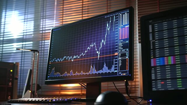 A high-resolution monitor in an office displaying a line graph with a steady upward trajectory, representing financial security and market stability