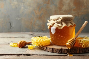 Naklejka premium Jar of Honey with Fresh Natural Bee Hive Comb on Wooden Table.