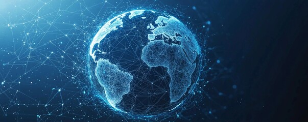 Digital wireframe globe connecting the world with blue futuristic technology
