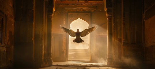 Majestic Dove with Outstretched Wings Inside Ancient Temple Entrance