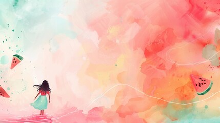 Simple summer theme background template with a cute little girl and watermelon colors