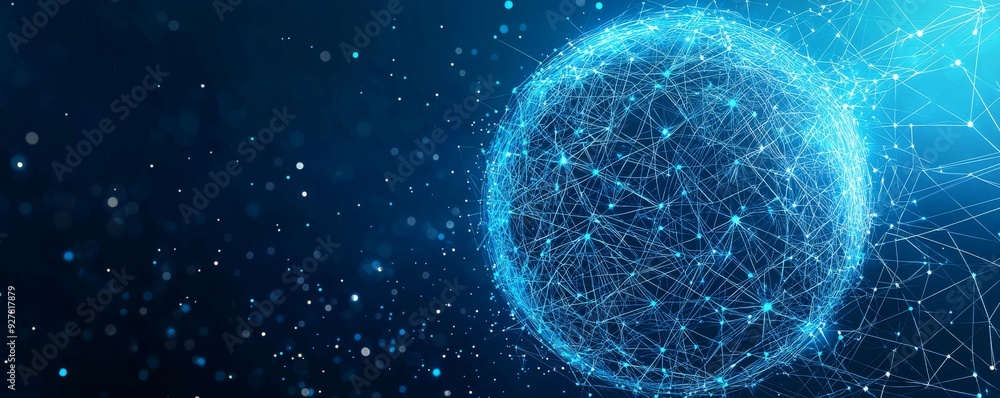 Poster digital wireframe globe with connecting blue lines and nodes illustrating a global network