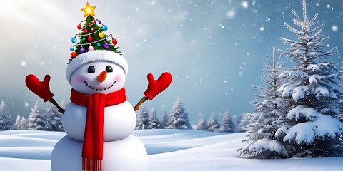 Fototapeta premium Christmas Background with Snowman, Chalet With Christmas Decoration