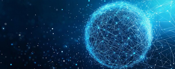 Digital wireframe globe with connecting blue lines and nodes illustrating a global network
