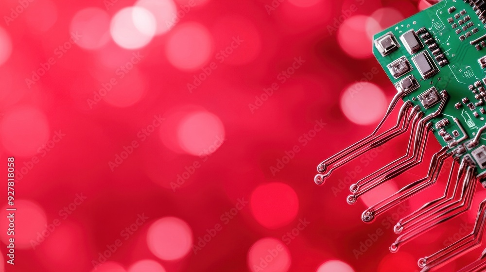 Poster close-up of a circuit board with intricate connections, set against a vibrant red bokeh background, 