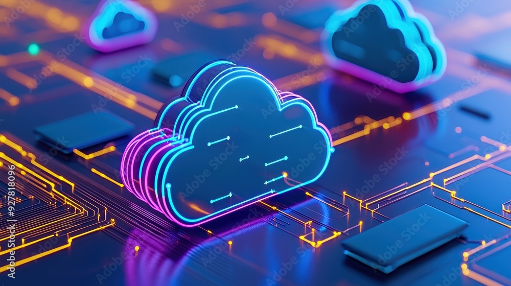 Poster colorful digital cloud icons on a circuit board, representing modern technology and cloud computing 