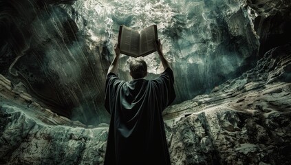 Ancient Man Holding Bible in Front of Cave Walls with Scrolls.