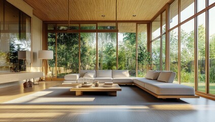 Modern living room with a view of a lush garden.