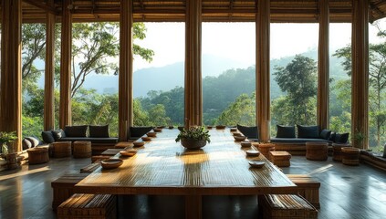 Fototapeta premium Wooden dining table with view of forest.