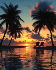 Sunset over the sea with palm trees and sun loungers